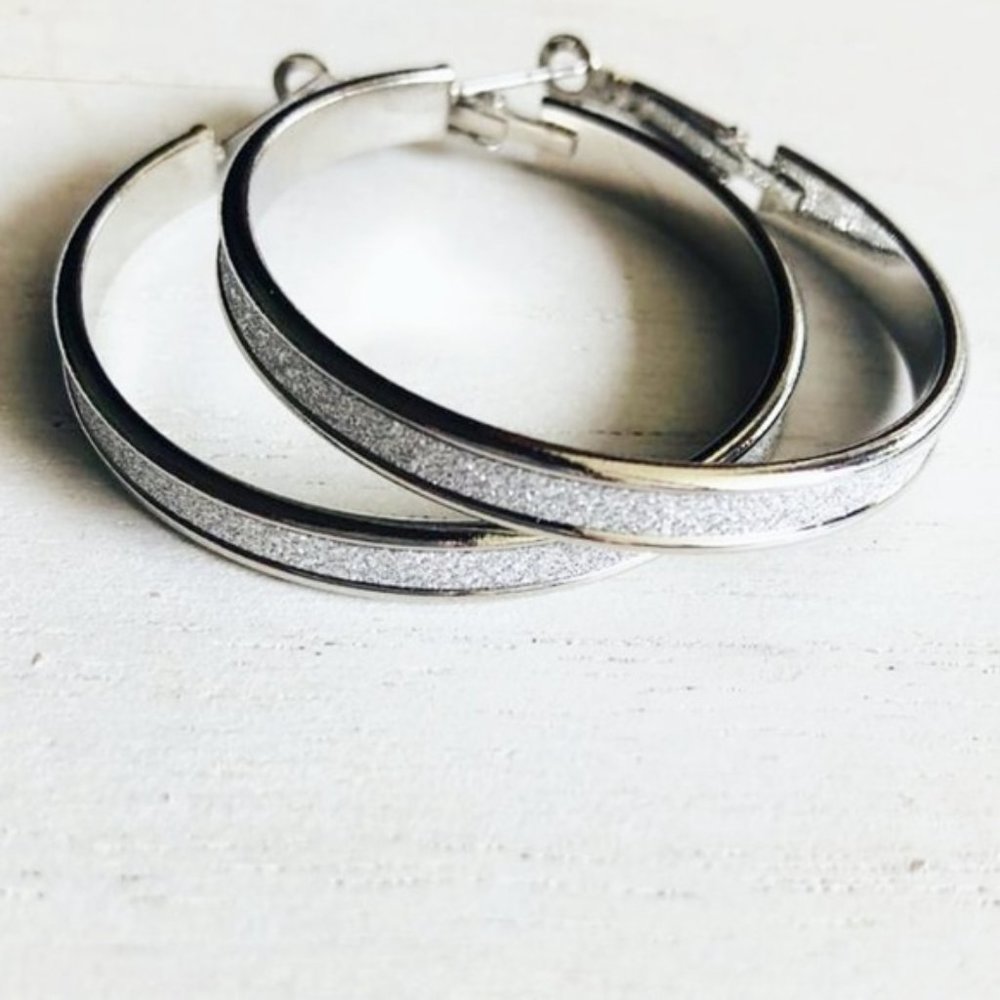 SILVER LARGE DIAMOND PAVE HOOPS - Picture 4 of 4